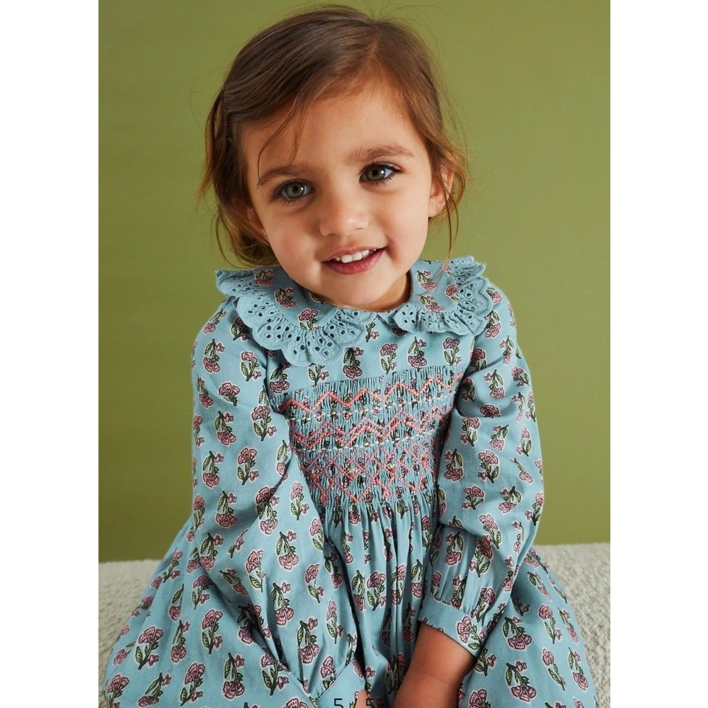 Next Kids Blue Floral Smocked Cotton Dress Eyelet Collar 3-4 Years D58-849-404